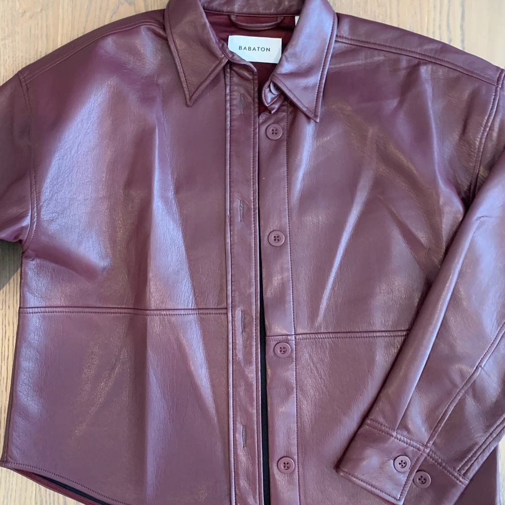 Aritzia Babaton Burgundy Faux Leather Button-Up Jacket